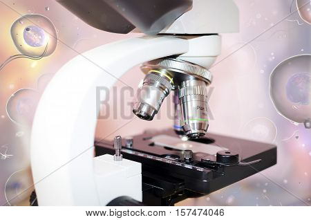 Laboratory microscope and human cells, 3D illustration. Concept for research and laboratory diagnosis