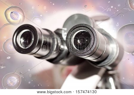 Laboratory microscope and human cells, 3D illustration. Concept for research and laboratory diagnosis