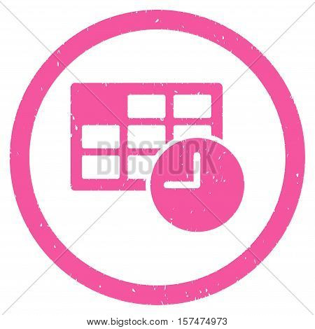Date and Time grainy textured icon inside circle for overlay watermark stamps. Flat symbol with dust texture. Circled dotted vector pink ink rubber seal stamp with grunge design on a white background.