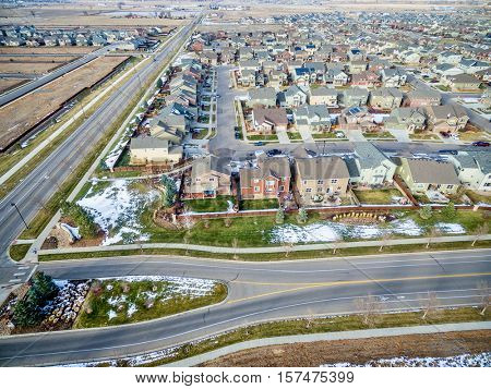 A new house development along Front Range in northern Colorado, aerial view