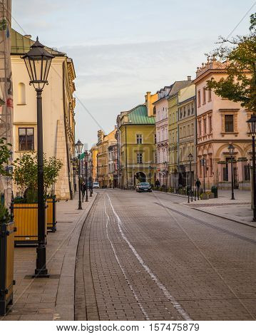 KRAKOW POLAND - 15TH OCTOBER 2016: A view along Grodzka street in Krakow during the morning. The outside of buildings can be seen.