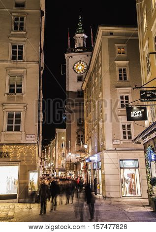 SALBURG AUSTRIA - 11TH DECEMBER 2015: A view along Judengasse and Kranzlmarkt in Salzburg at night during the Christmas Season.