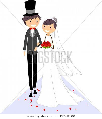 Illustrazione di una sposa e lo sposo a piedi sul corridoio