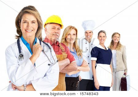Grande gruppo di sorridenti persone lavoratori. Su sfondo bianco