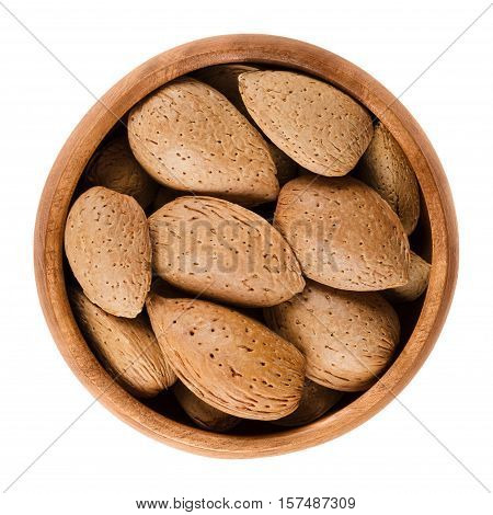 Almonds in shell in a wooden bowl on white background. The raw edible almond seeds are no nuts.Botanically they are drupes. Isolated, macro food photo close up from above.