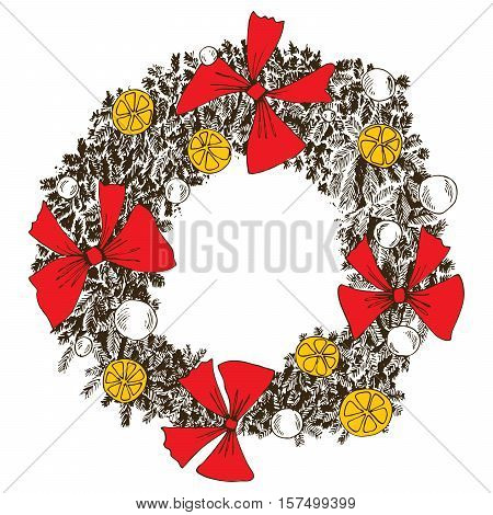 Hand drawn christmas wreath with oranges, needles and baws