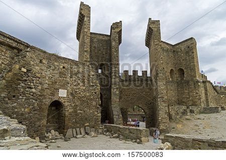 Genoese fortress in Sudak Crimea. View from inside of the towers protecting the entrance to the fortress.