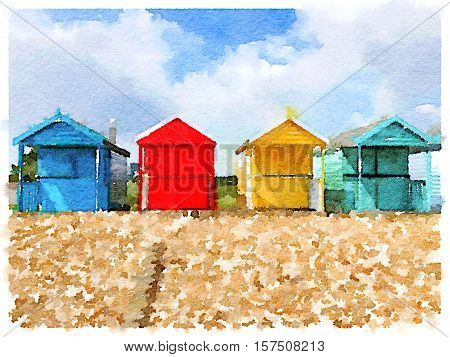 Digital watercolor painting of beach huts on a sunny day in the UK with space for text.