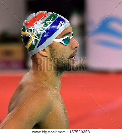 Hong Kong China - Oct 29 2016. South African Olympic and world champion swimmer Chad Le Clos at the start. FINA Swimming World Cup Preliminary Heats Victoria Park Swimming Pool.