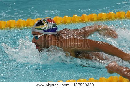 Hong Kong China - Oct 29 2016. South African Olympic and world champion swimmer Chad Le Clos swimming butterfly. FINA Swimming World Cup Preliminary Heats Victoria Park Swimming Pool.