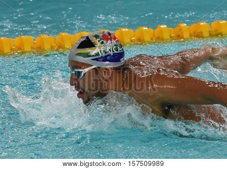 Hong Kong China - Oct 29 2016. South African Olympic and world champion swimmer Chad Le Clos swimming butterfly. FINA Swimming World Cup Preliminary Heats Victoria Park Swimming Pool.