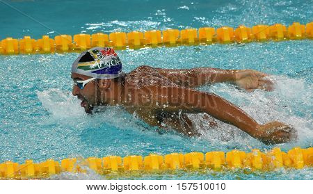Hong Kong China - Oct 29 2016. South African Olympic and world champion swimmer Chad Le Clos swimming butterfly. FINA Swimming World Cup Preliminary Heats Victoria Park Swimming Pool.