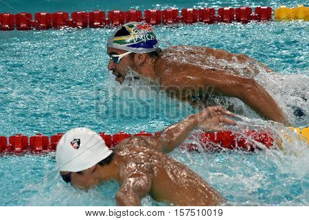 Hong Kong China - Oct 29 2016. South African Olympic and world champion swimmer Chad Le Clos swimming butterfly. FINA Swimming World Cup Preliminary Heats Victoria Park Swimming Pool.