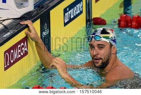 Hong Kong China - Oct 29 2016. South African Olympic and world champion swimmer Chad Le Clos in the finish. FINA Swimming World Cup Preliminary Heats Victoria Park Swimming Pool.
