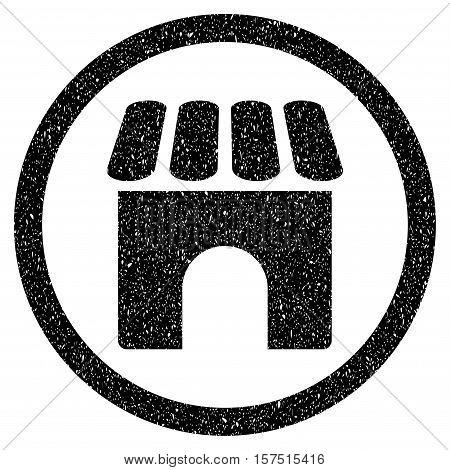 Shop grainy textured icon for overlay watermark stamps. Flat symbol with scratched texture. Dotted vector black ink rubber seal stamp with grunge design on a white background.