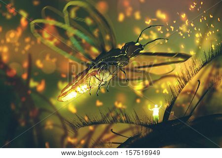 little man directing giant firefly in a night forest, illustration painting