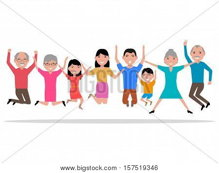 Vector illustration cartoon jumping happy smiling people. Hopping for joy large family. Bouncing with delight people. Flat style. Leaping from happiness grandparents, parents and their children.
