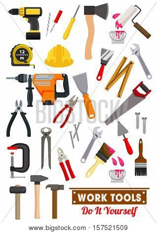 Work tools icons set with hammer and spanner, screwdriver, wrench, pliers, saw, measuring tape and axe, paint roller, brush, drill and spatula, nail and screw, trowel. Carpentry and building industry design