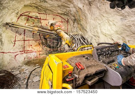 Gold mining underground. Drilling and explosive works.