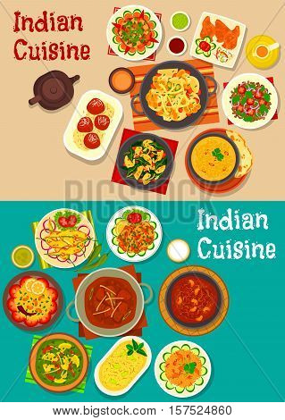 Indian cuisine dinner icon with lamb curry, chutney, vegetable and mushroom stew, vegetable salad, fried chilli, lentil soup, lemon rice, lamb meatball, rice with pork, yogurt dessert, fried milk ball
