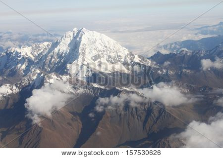View of Illampu Mountain near La Paz Bolivia from an airplane