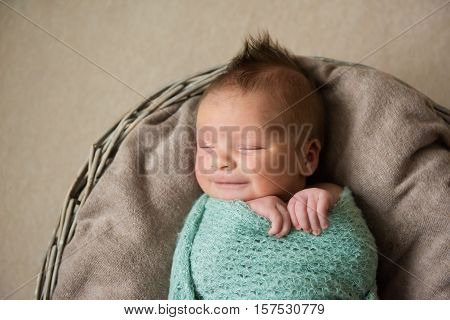 Smiling newborn baby with a Mohawk hairstyle is sleeping in the basket