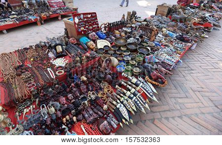 KATHMANDU NEPAL - NOV 06 2016: souvenirs in the shop at Durbar square in Kathmandu Nepal