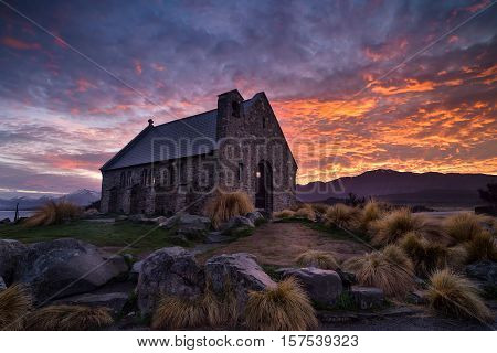 Sunrise at Church of the Good Shepherd built since 1935 Lake Tekapo New Zealand