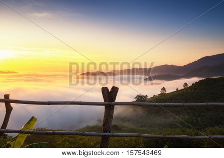 Beautiful sunrise view and sea of clouds from Phuhuayesan in Nong khai provience, Thailand.