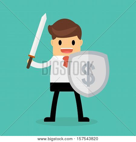 Businessman With Shield And Sword, Business Concept.