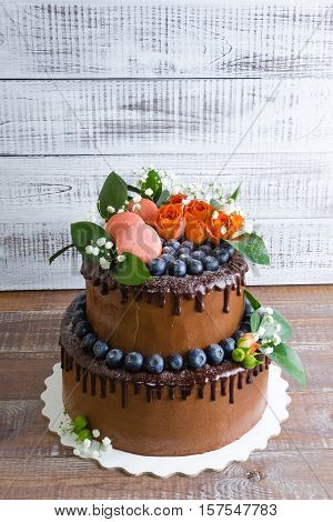 Chocolate Two Layered Wedding Cake With Roses