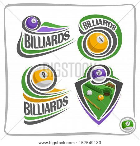 Vector abstract logo Billiards Ball, sign gamble pool club, simple line striped snooker ball on green felt billiards table with cue, isolated fun games icon on white, flat design billiard blazon cup.