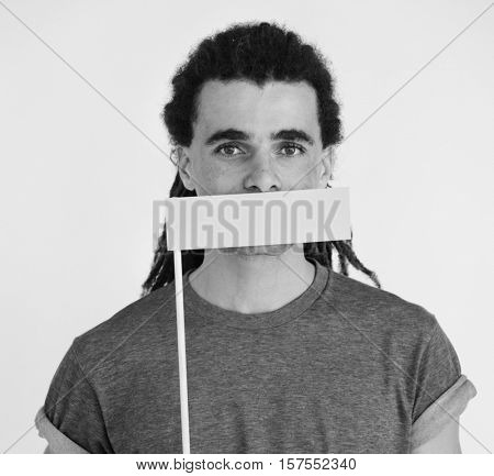 Hipster Man Voiceless Covering Mouth Speechless Concept