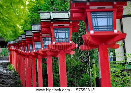 Red Light Poles Continued Staircase Entrance To Kibune-jinja Shrine.