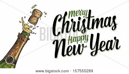 Bottle of Champagne explosion. Merry Christmas Happy New Year lettering. Vintage color vector engraving illustration for invitation to party. Hand drawn design element isolated on white background.