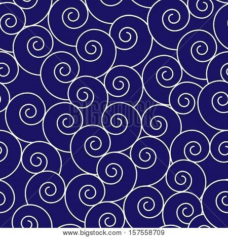 Seamless indigo blue Japanese wave pattern. Blue & white swirly ocean wave background.