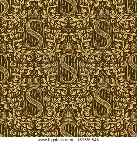Damask seamless pattern repeating background. Golden olive floral ornament with S letter and crown in baroque style. Antique golden repeatable wallpaper.