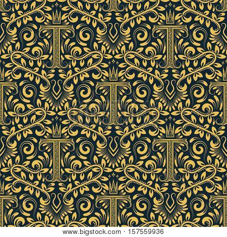 Damask seamless pattern repeating background. Golden blue floral ornament with T letter and crown in baroque style. Antique golden repeatable wallpaper.