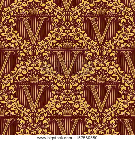 Damask seamless pattern repeating background. Golden maroon floral ornament with V letter and crown in baroque style. Antique golden repeatable wallpaper.