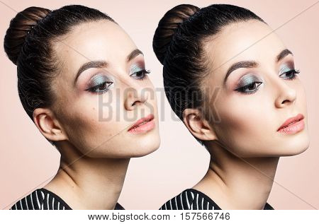 Comparison portrait of young woman before and after retouch