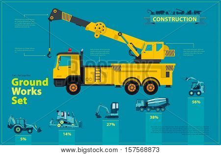 Yellow crane. Blue infographic big set of ground works blue machines vehicles. Catalog page. Heavy construction equipment for building truck digger crane bagger mix. Transportation master vector.