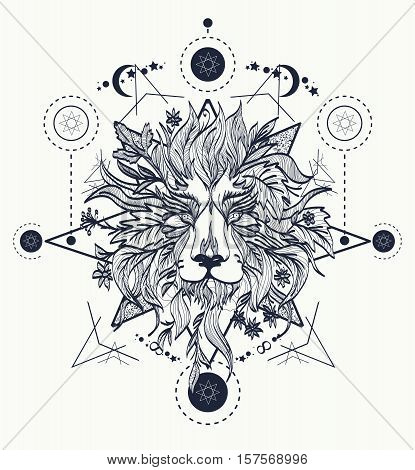 Ornamental Tattoo Lion Head. Mystic Lion sketch tattoo art