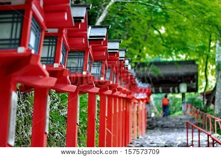 Red Light Poles Continued Staircase Entrance To Kibune-jinja Shrine.
