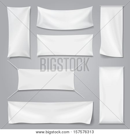 White textile advertising banners with folds template set. Blank mock up cotton flag, Vector illustration
