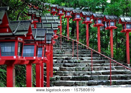 Red Light Poles Continued Staircase Entrance To Kibune-jinja Shrine.