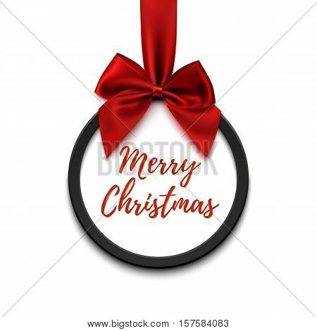 Merry Christmas black round banner with red ribbon and bow, isolated on white background. Brochure or banner template.