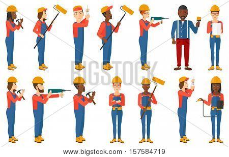 Electrician twisting light bulb. Electrician installing light bulb. Electrician changing light bulb. Electrician measuring voltage. Set of vector flat design illustrations isolated on white background