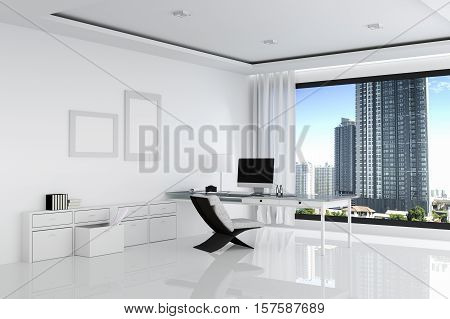 3D Rendering : Illustration Of White Office Of Creative Designer Desktop With Blank Computer,keyboar