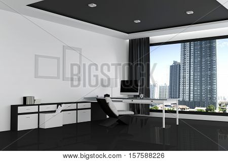 3D Rendering : Illustration Of Office Of Creative Designer Desktop With Blank Computer,keyboard,came