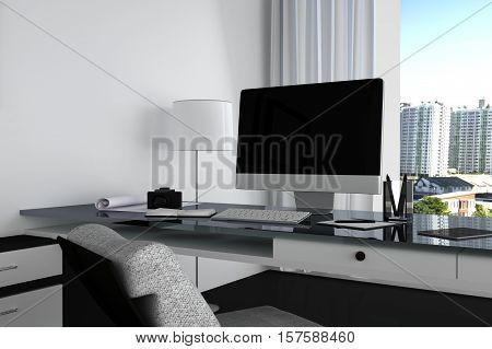 3D Rendering : illustration close up of Creative designer office desktop with blank computerkeyboardcameralamp and other items on background with window and city view. Mock up